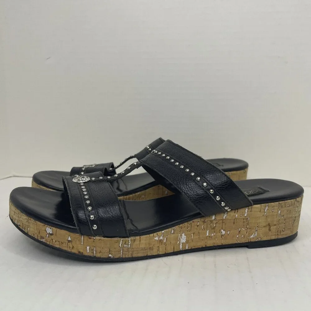 Brighton Sandals Size 9 M Slip On Slides Black Silver Cork Wedge Heel Studded